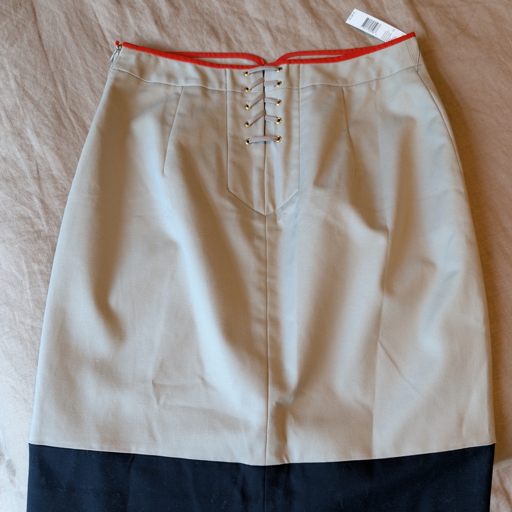 T Tahari Beige and Navy Midi Skirt with Orange Accent